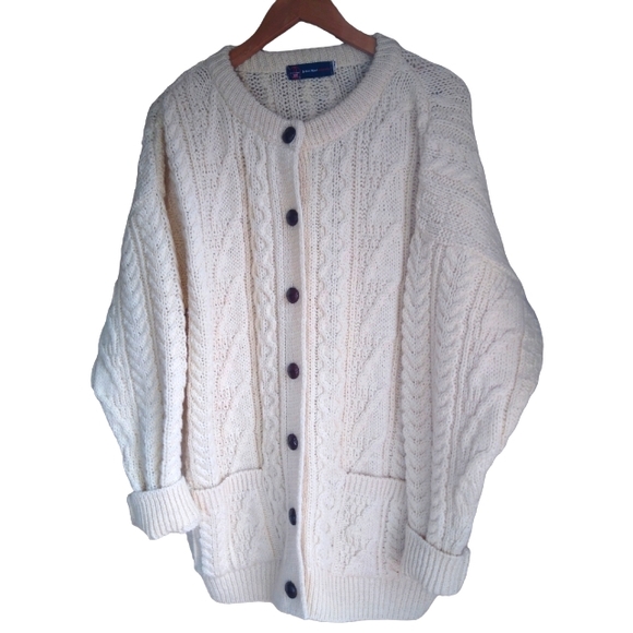 British Wool Cable Knit Cardigan Button Front Sweater Size L Grandpa Sty… - Picture 1 of 11